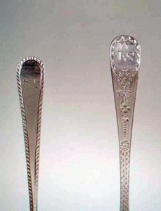 Stik til teske, fra venstre til højre: 1782, 1791 (sølv) af English School